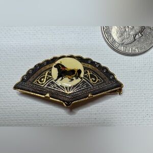 Vintage Damascene Fan Brooch with Bull